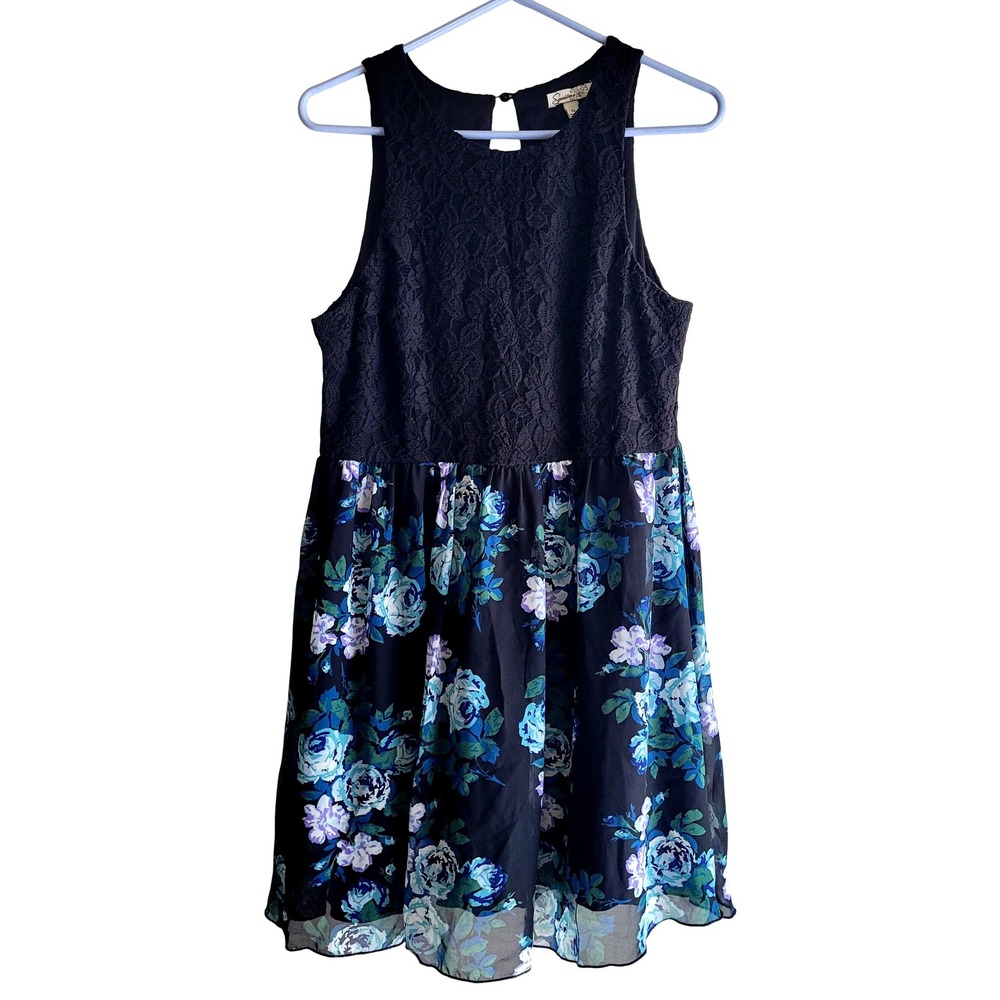 Speechless Sleeveless Babydoll Dress Size 13, Black Lace & Blue Floral Print Y2K